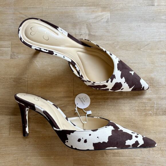 Jessica Simpson Cow Print Heels Stiletto Pointed Toe 9M Mules NWT Western Bold - Picture 3 of 8